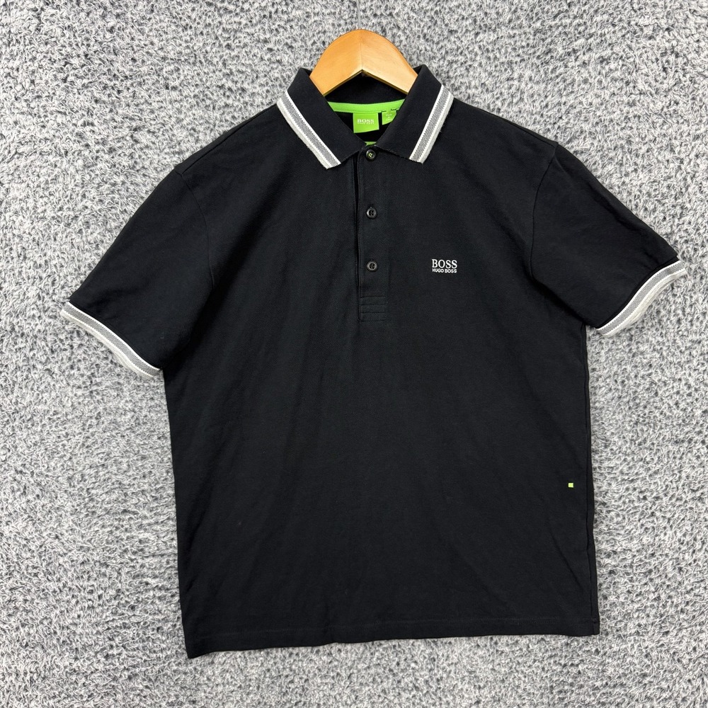 Hugo Boss Polo Shirt Mens Medium Black Tipped Collar Pique Cotton Logo
